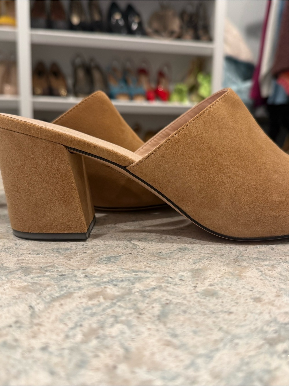 J. Crew Suede Block Heel Mules in Camel